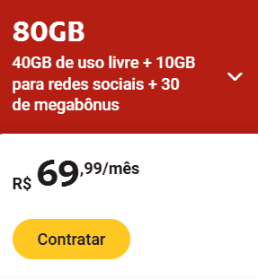 80GB data plan details with pricing and contract button in Portuguese.