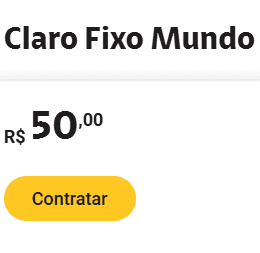 Claro Fixo Mundo plan for R$50.00 with a 'Contratar' button.